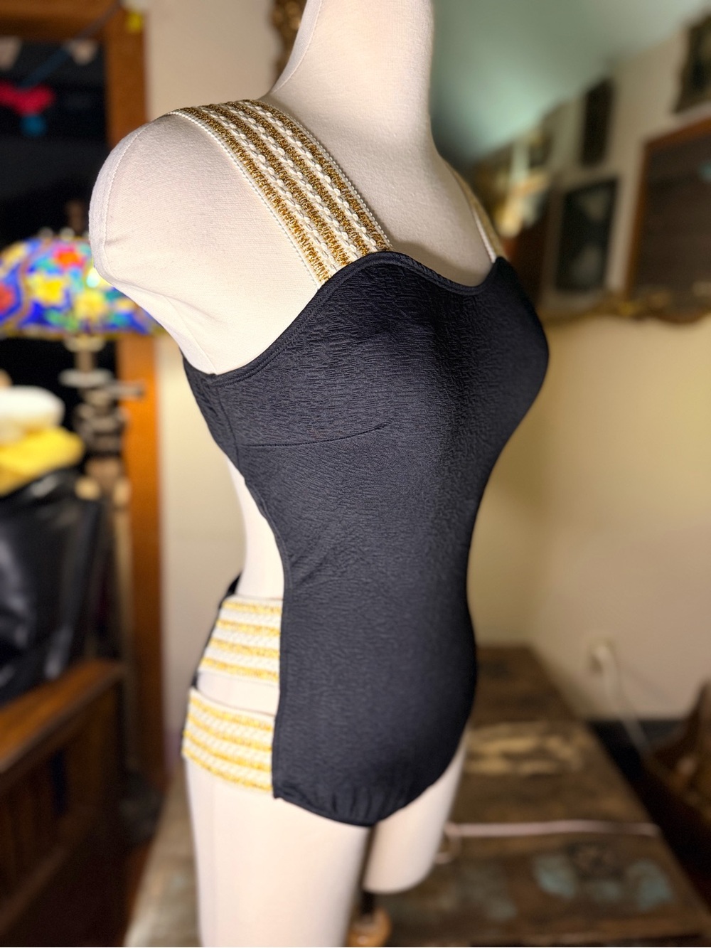 Vintage Dotti Black  One Piece Bathing Suit with Wide Gold Embellished Elastic